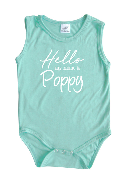 Hello My Name Is Personalized Silky Sleeveless Baby Bodysuit for Boys & Girls Silky Seafoam