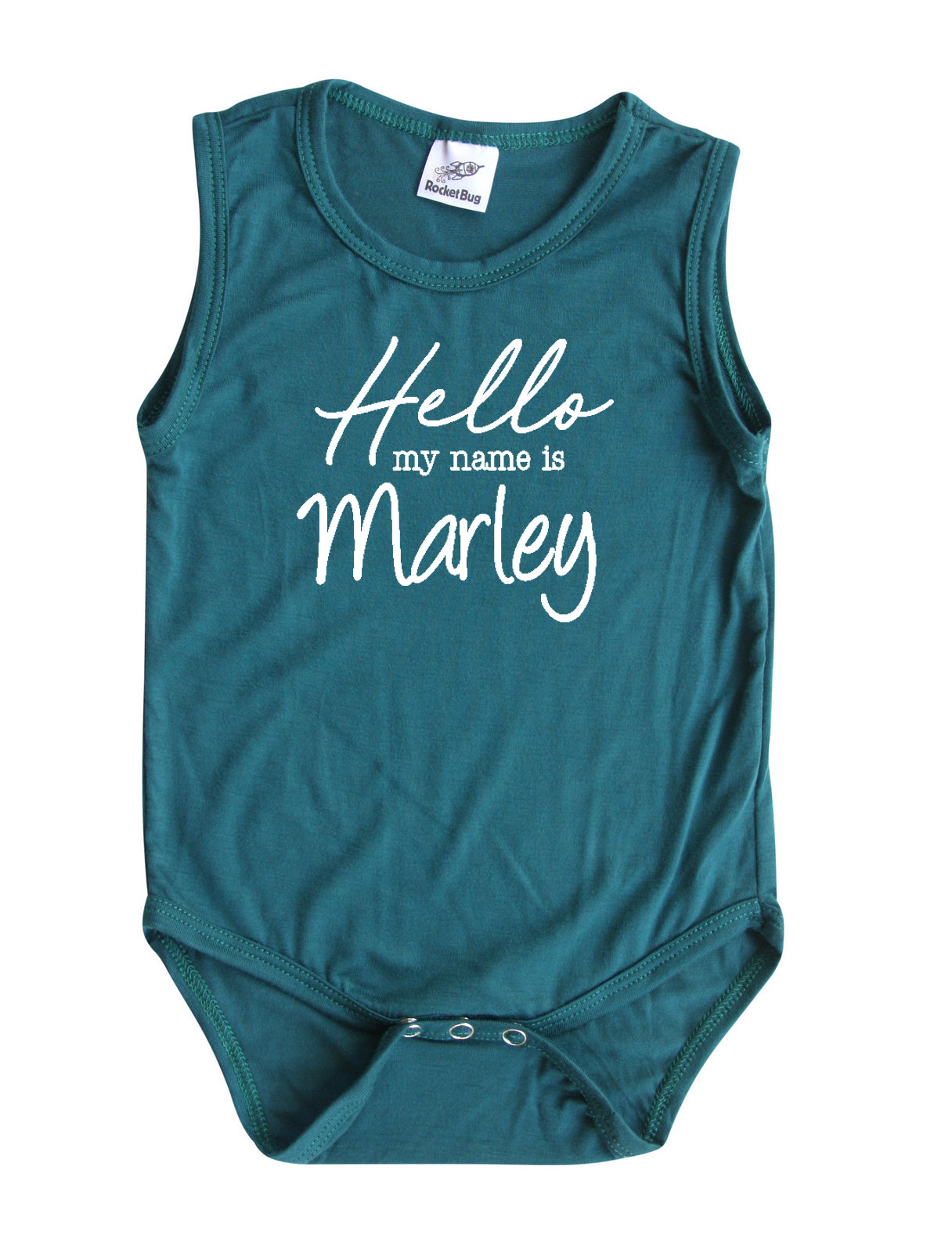 Hello My Name Is Personalized Silky Sleeveless Baby Bodysuit for Boys & Girls Silky Midnight Teal