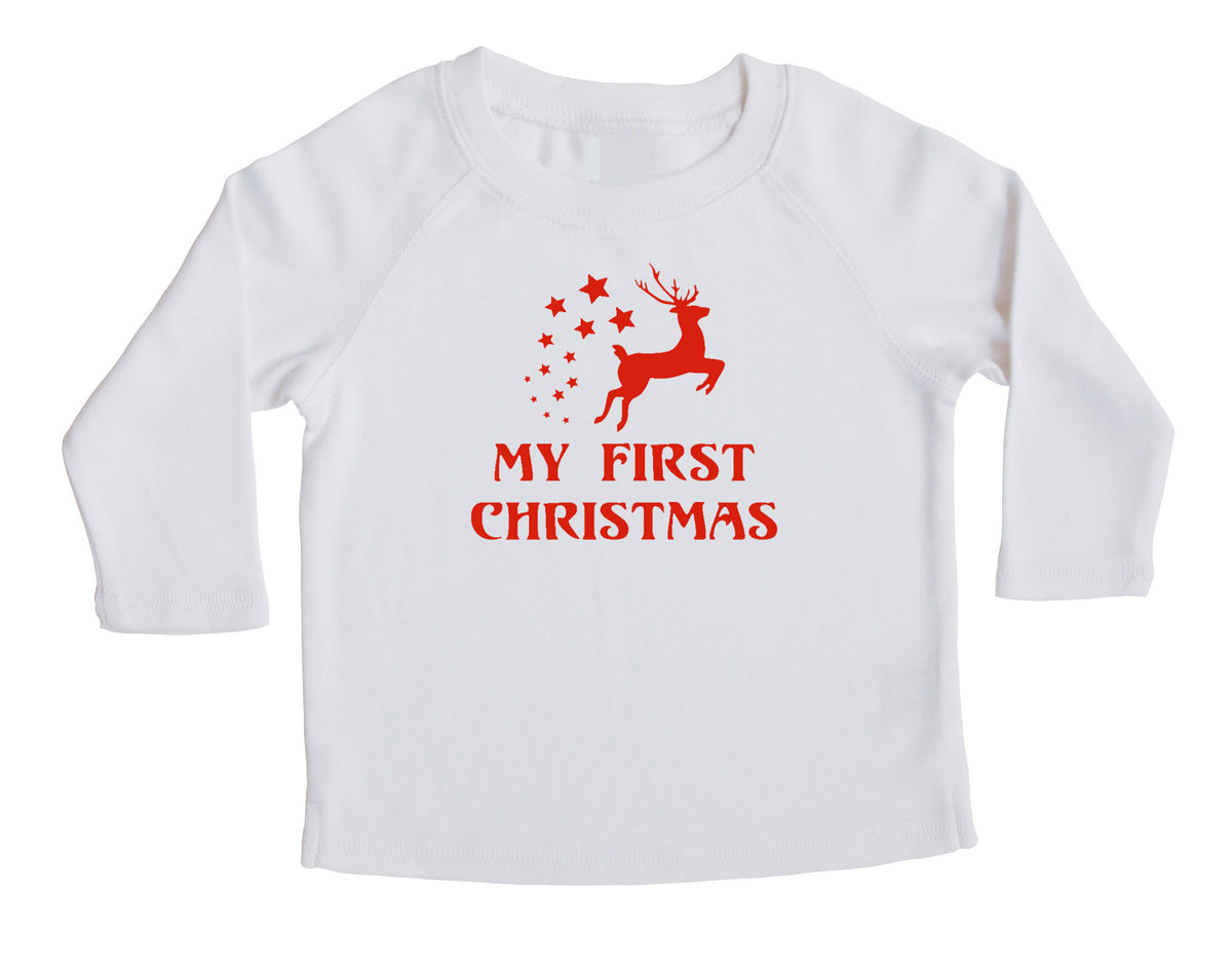 Holiday First Christmas Flying Reindeer- Baby Long Sleeve T-Shirt White