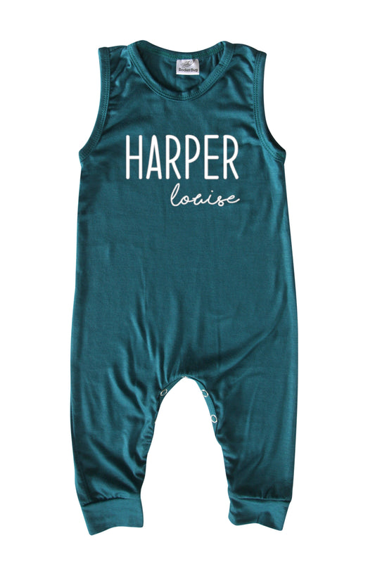 First + Middle Name Personalized (Modern Cursive) Custom Silky Sleeveless Baby Romper for Boys and Girls