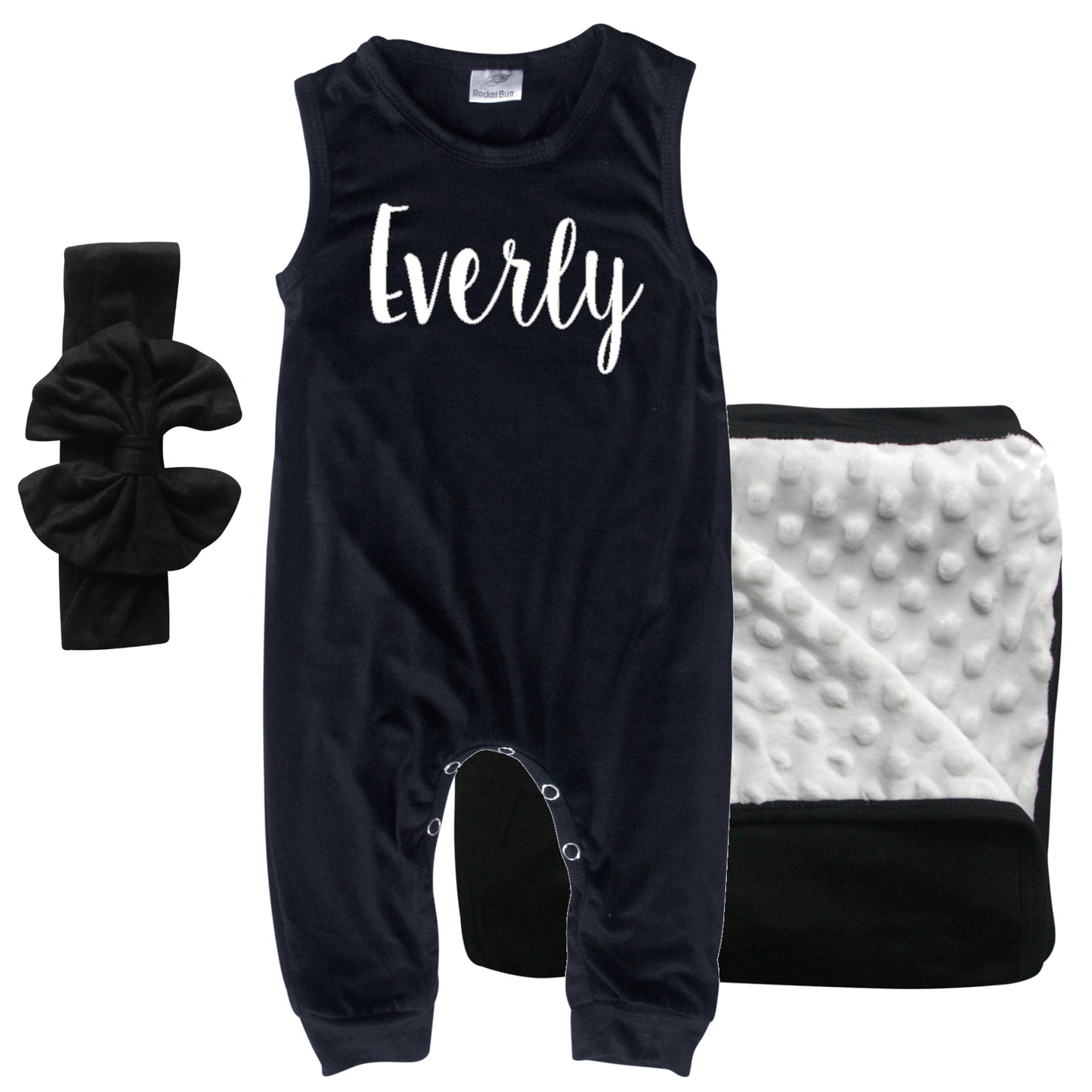 Rocket Bug GIFT SET- Lush Personalized Sleeveless Romper, Matching Blanket, and Hat or Headband for Boys and Girls-Gender Neutral