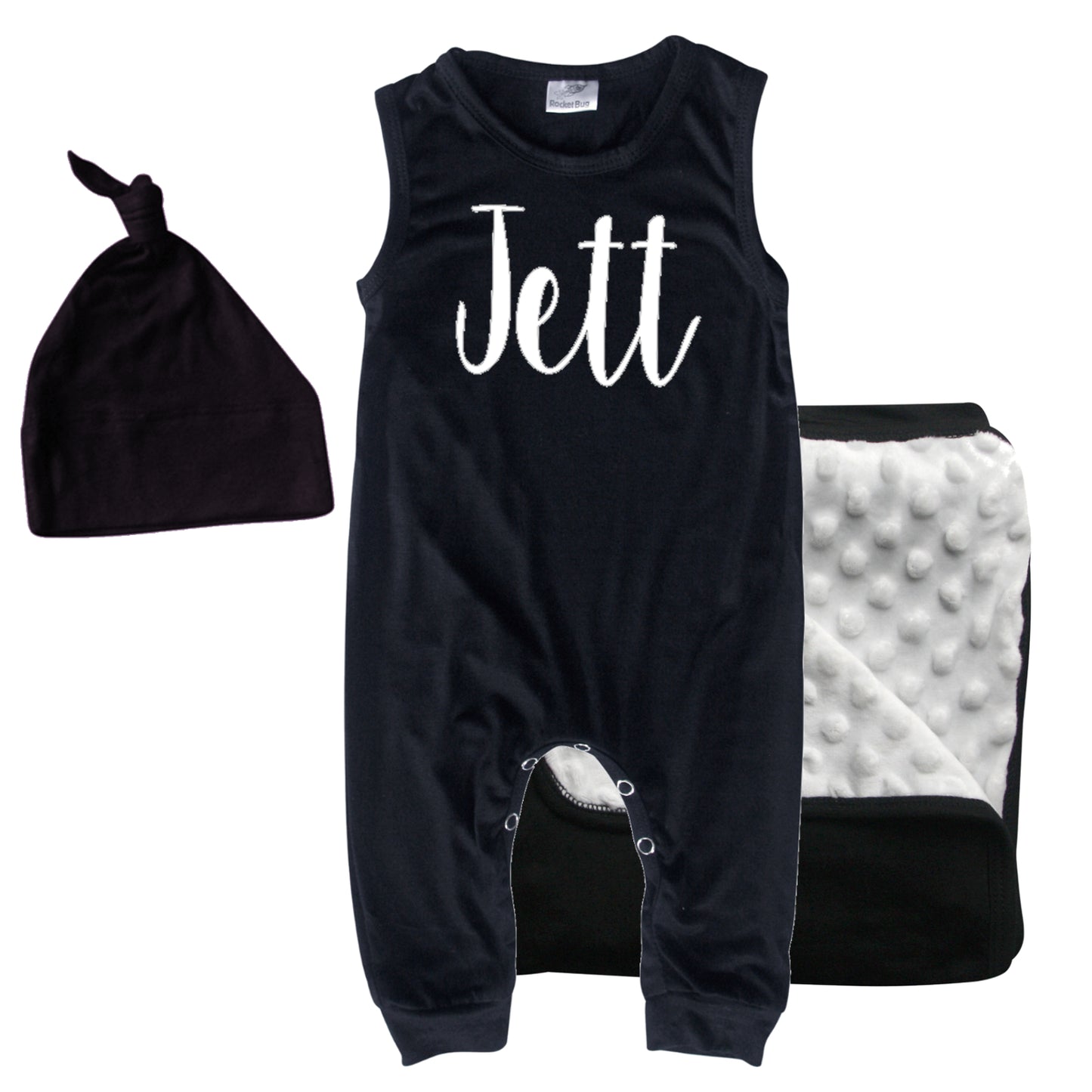 Rocket Bug GIFT SET- Lush Personalized Sleeveless Romper, Matching Blanket, and Hat or Headband for Boys and Girls-Gender Neutral