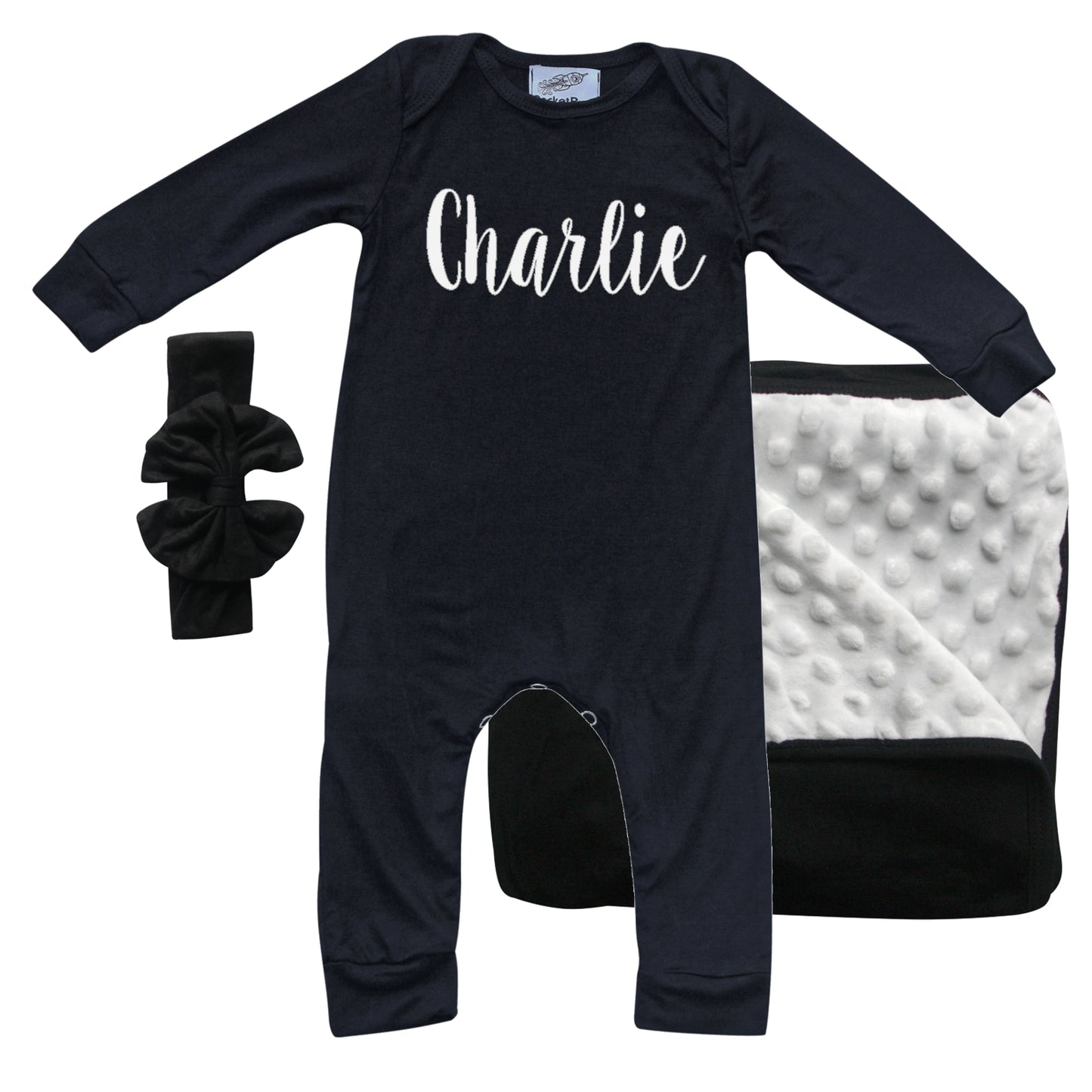 Rocket Bug 'Lush' PERSONALIZED GIFT SET- Silky Long Sleeve Baby Romper, Matching Blanket, and Hat or Headband