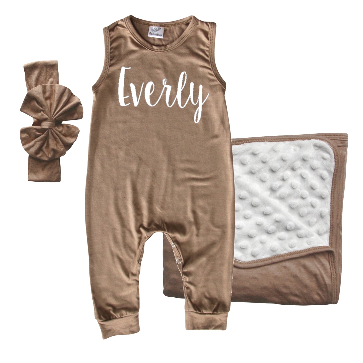 Rocket Bug GIFT SET- Lush Personalized Sleeveless Romper, Matching Blanket, and Hat or Headband for Boys and Girls-Gender Neutral