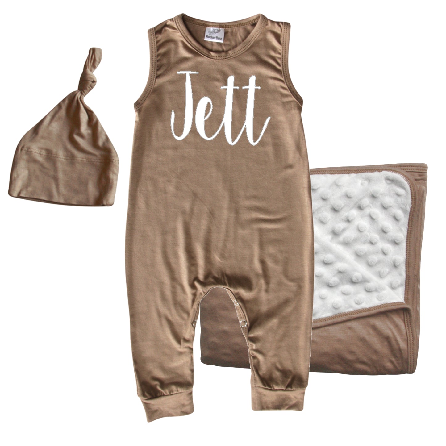 Rocket Bug GIFT SET- Lush Personalized Sleeveless Romper, Matching Blanket, and Hat or Headband for Boys and Girls-Gender Neutral