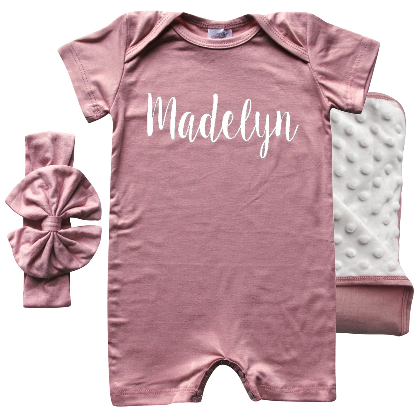 Rocket Bug 'Lush' PERSONALIZED GIFT SET- Silky Shorts Baby Romper, Matching Blanket, and Hat or Headband for Boys and Girls-Gender Neutral