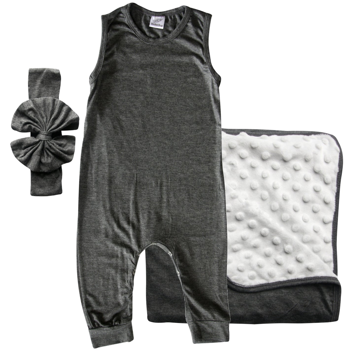 Rocket Bug GIFT SET- Sleeveless Romper, Matching Blanket, and Hat or Headband for Boys and Girls-Gender Neutral