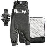 Rocket Bug GIFT SET- Lush Personalized Sleeveless Romper, Matching Blanket, and Hat or Headband for Boys and Girls-Gender Neutral