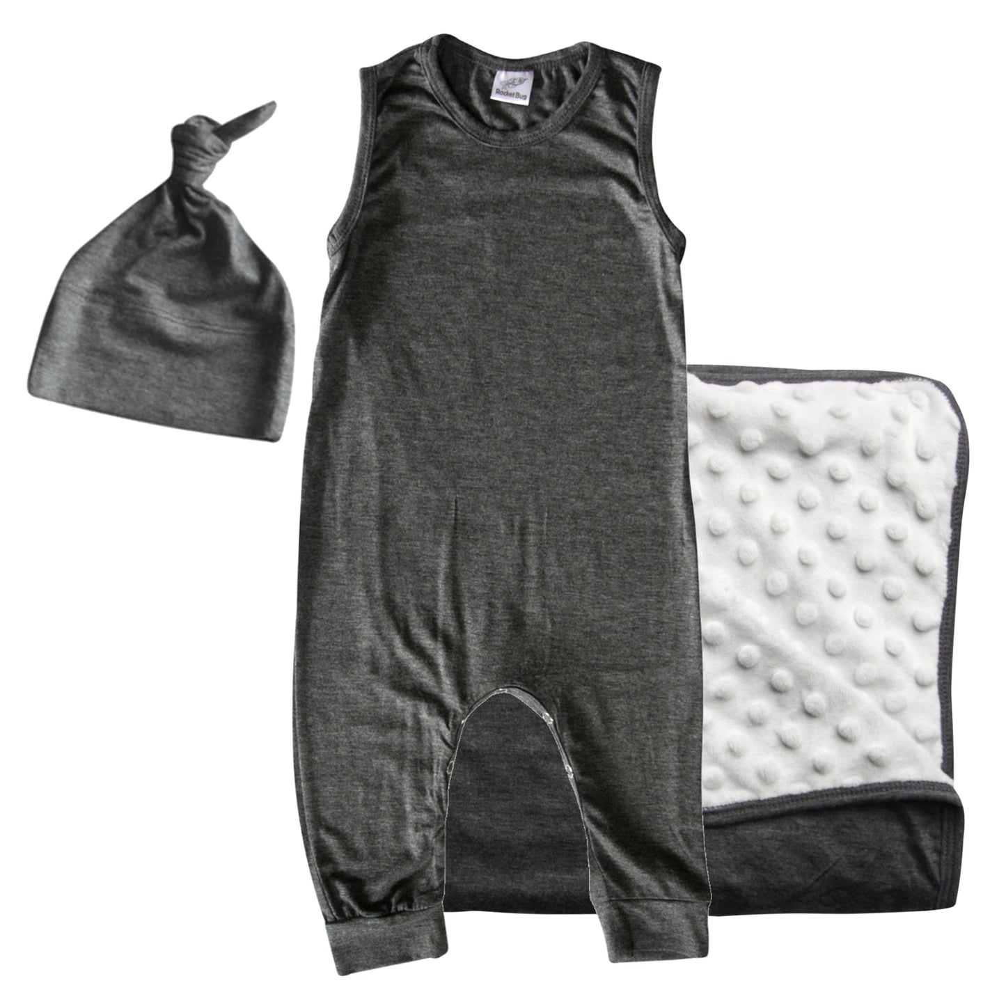 Rocket Bug GIFT SET- Sleeveless Romper, Matching Blanket, and Hat or Headband for Boys and Girls-Gender Neutral