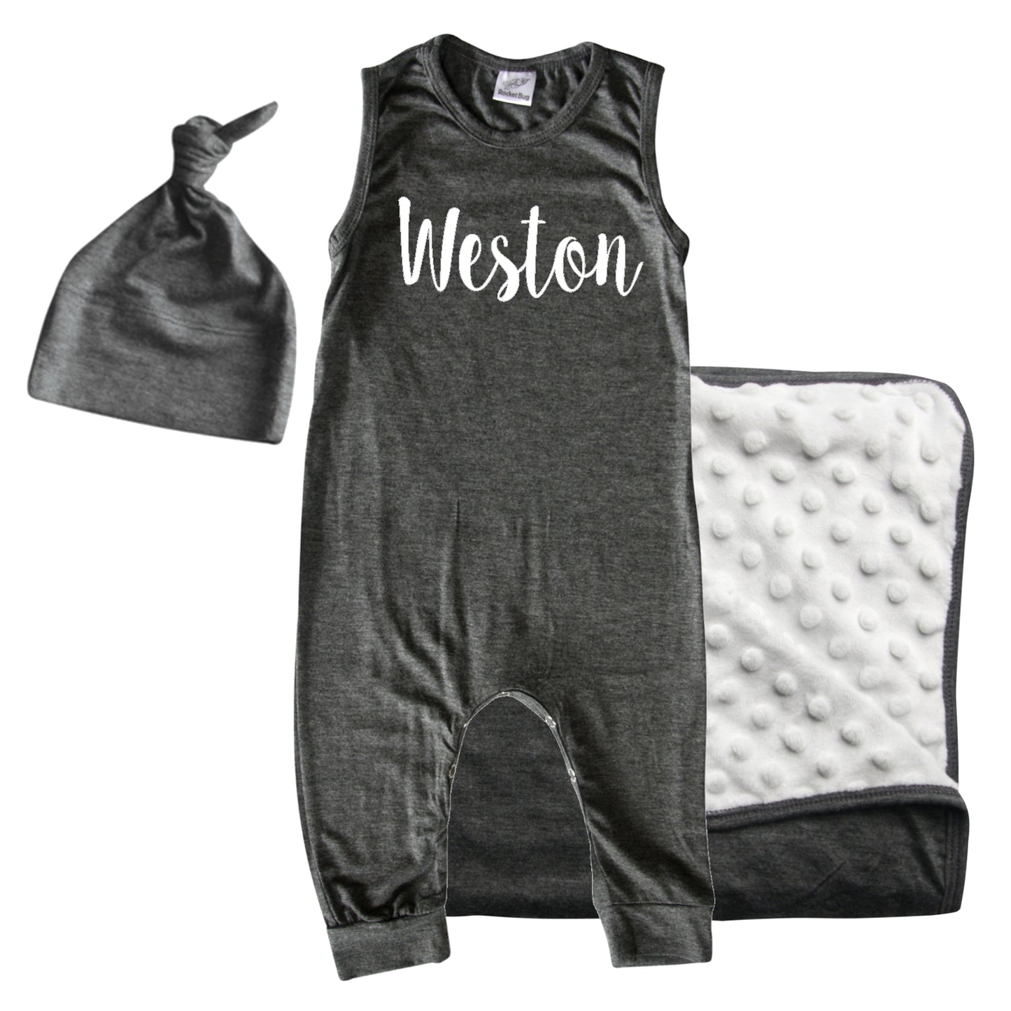Rocket Bug GIFT SET- Lush Personalized Sleeveless Romper, Matching Blanket, and Hat or Headband for Boys and Girls-Gender Neutral