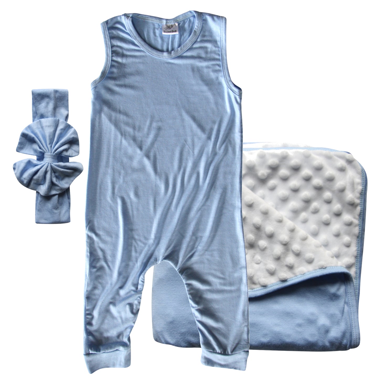 Rocket Bug GIFT SET- Sleeveless Romper, Matching Blanket, and Hat or Headband for Boys and Girls-Gender Neutral