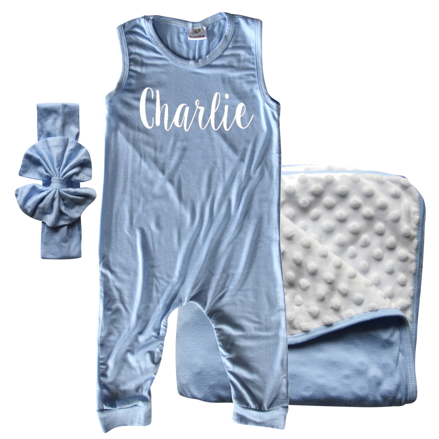 Rocket Bug GIFT SET- Lush Personalized Sleeveless Romper, Matching Blanket, and Hat or Headband for Boys and Girls-Gender Neutral