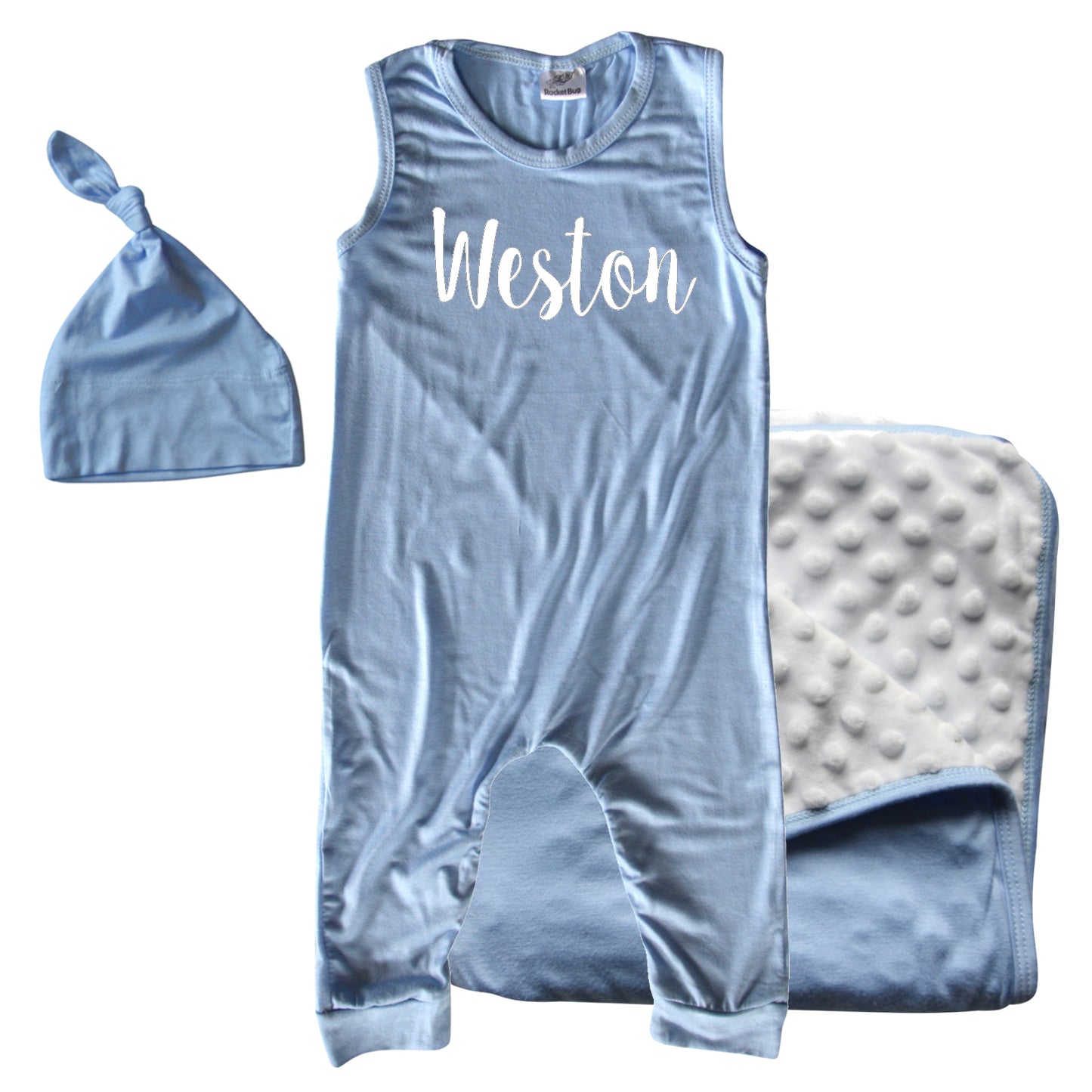 Rocket Bug GIFT SET- Lush Personalized Sleeveless Romper, Matching Blanket, and Hat or Headband for Boys and Girls-Gender Neutral
