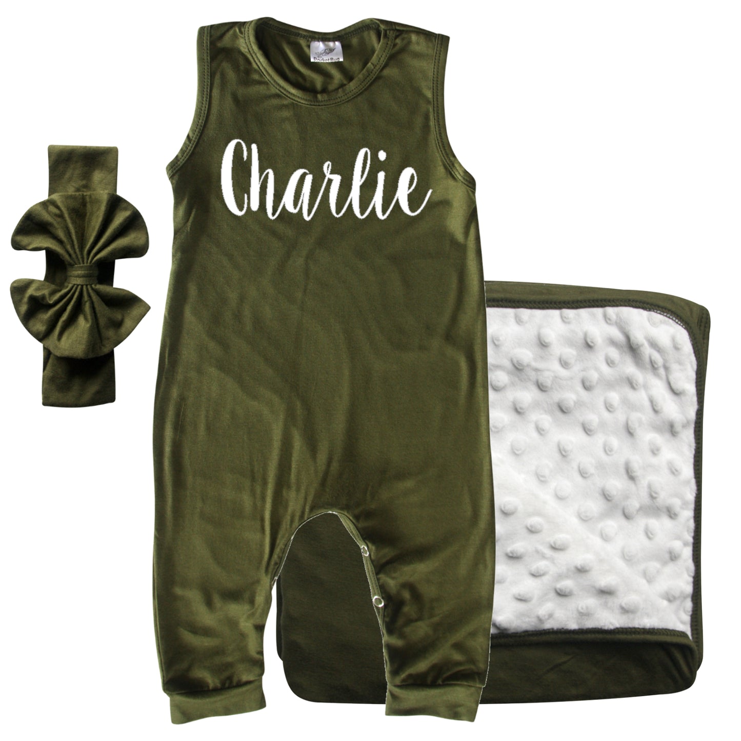 Rocket Bug GIFT SET- Lush Personalized Sleeveless Romper, Matching Blanket, and Hat or Headband for Boys and Girls-Gender Neutral