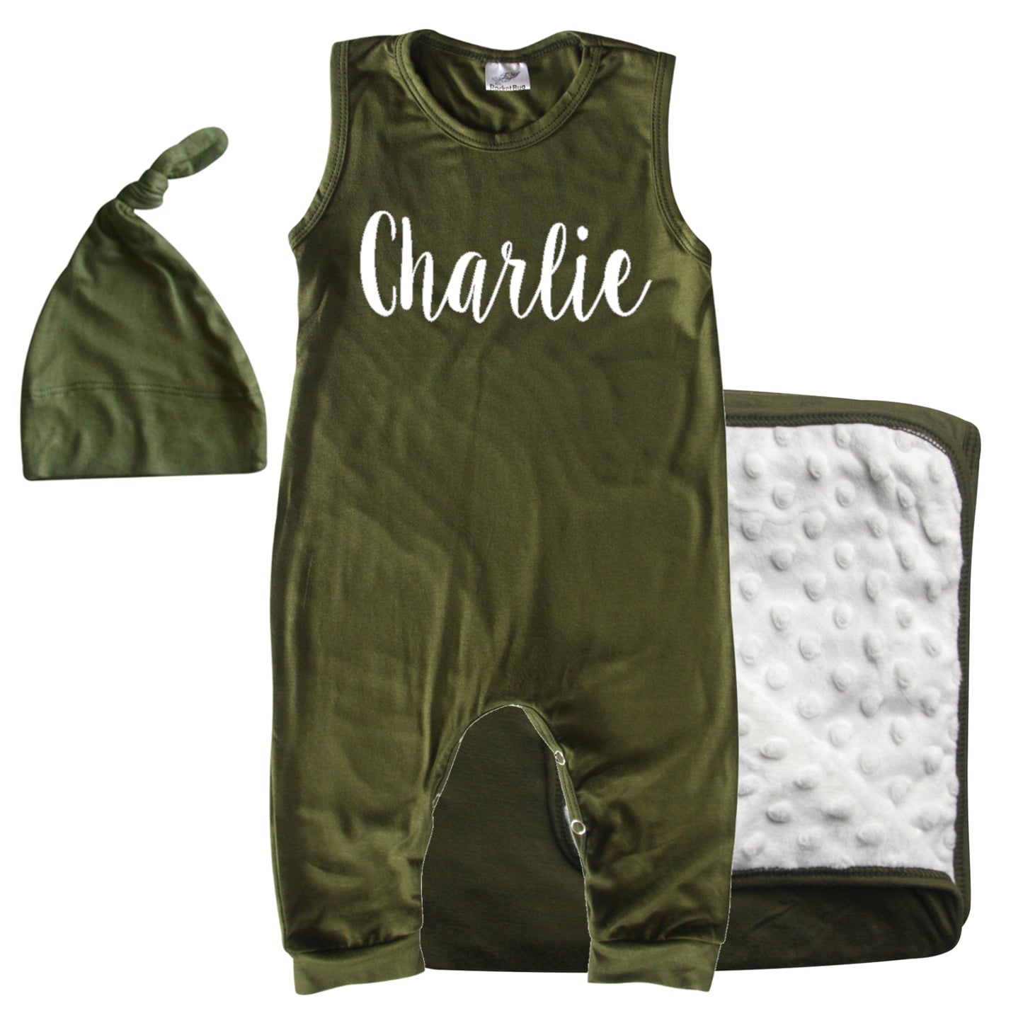 Rocket Bug GIFT SET- Lush Personalized Sleeveless Romper, Matching Blanket, and Hat or Headband for Boys and Girls-Gender Neutral