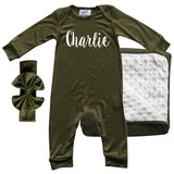 Rocket Bug 'Lush' PERSONALIZED GIFT SET- Silky Long Sleeve Baby Romper, Matching Blanket, and Hat or Headband