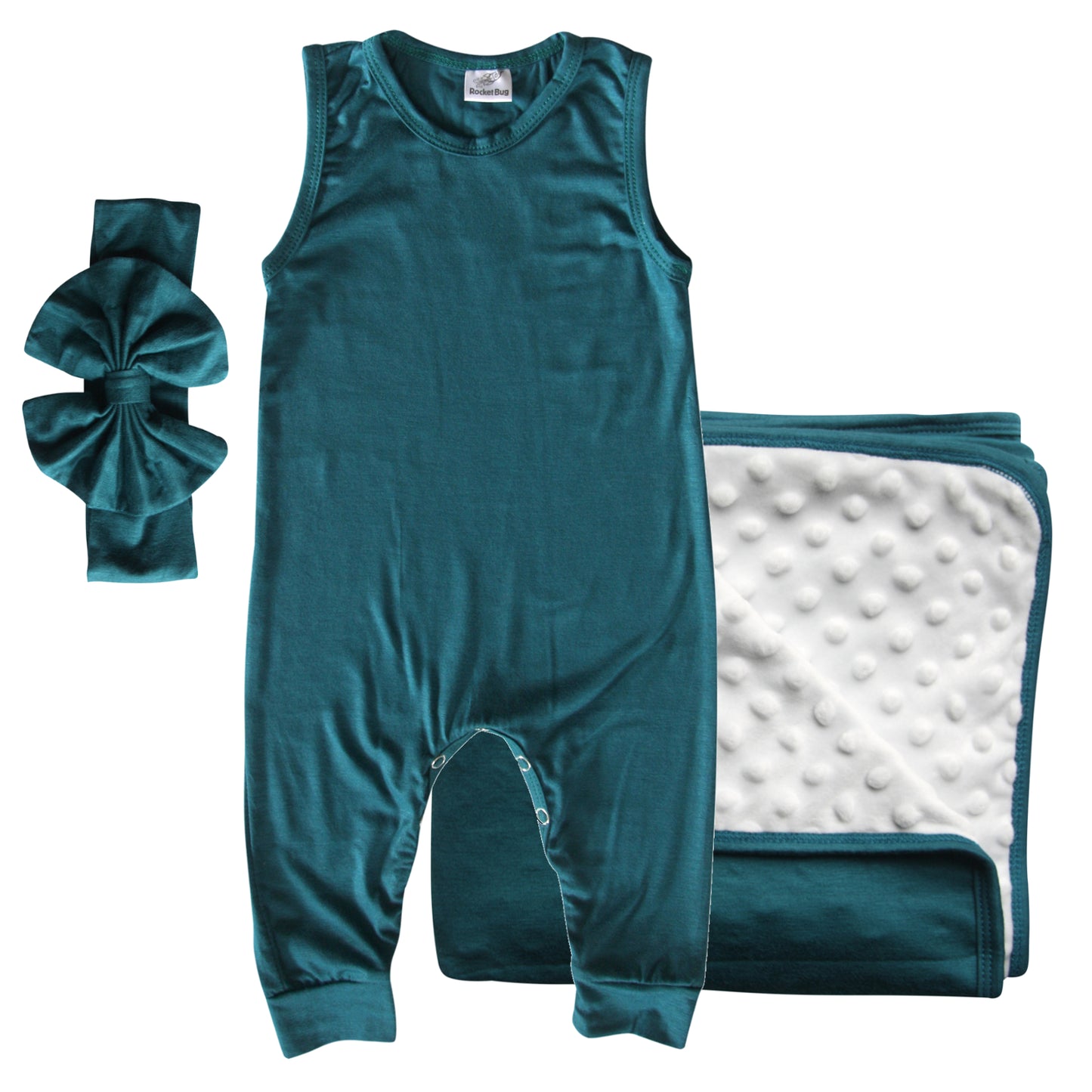 Rocket Bug GIFT SET- Sleeveless Romper, Matching Blanket, and Hat or Headband for Boys and Girls-Gender Neutral