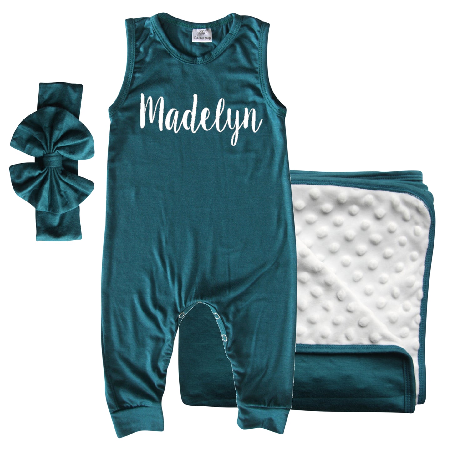 Rocket Bug GIFT SET- Lush Personalized Sleeveless Romper, Matching Blanket, and Hat or Headband for Boys and Girls-Gender Neutral
