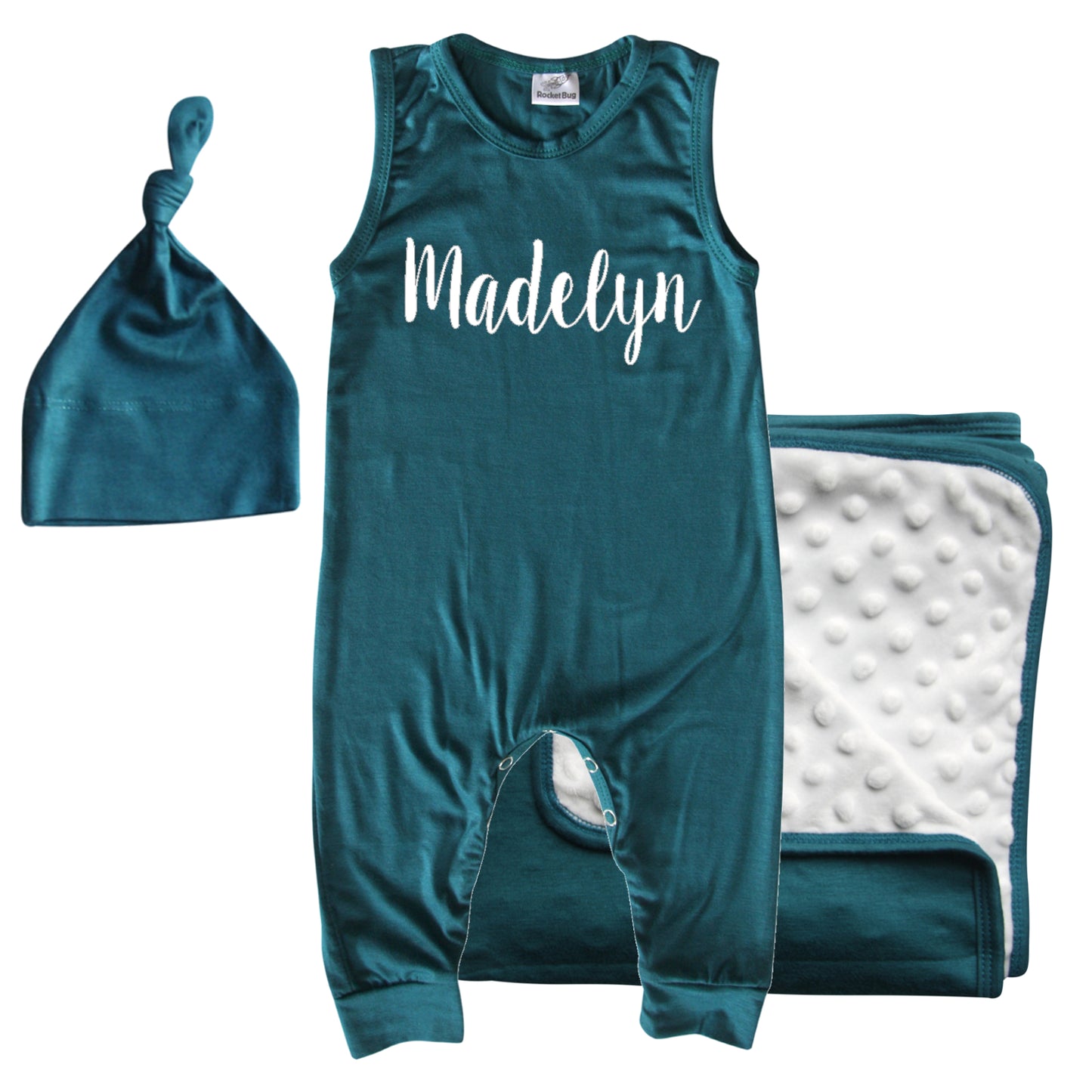 Rocket Bug GIFT SET- Lush Personalized Sleeveless Romper, Matching Blanket, and Hat or Headband for Boys and Girls-Gender Neutral