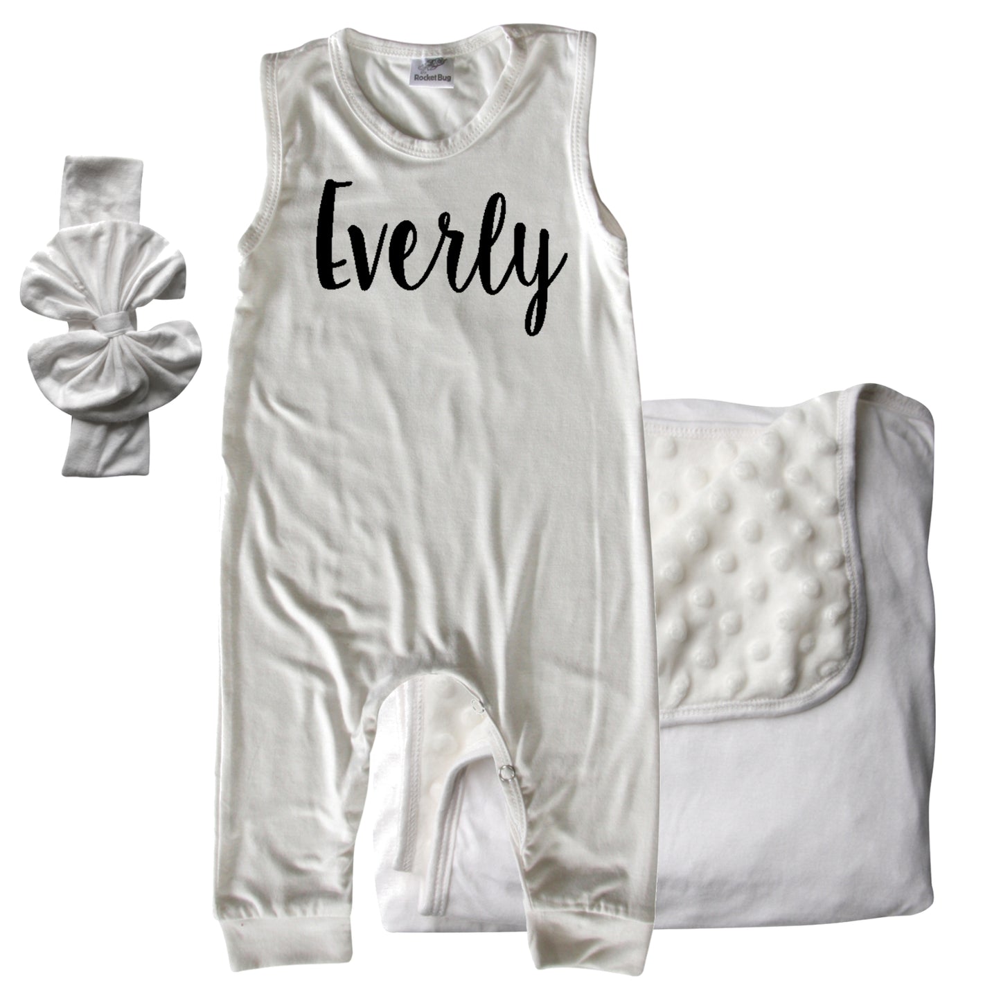 Rocket Bug GIFT SET- Lush Personalized Sleeveless Romper, Matching Blanket, and Hat or Headband for Boys and Girls-Gender Neutral