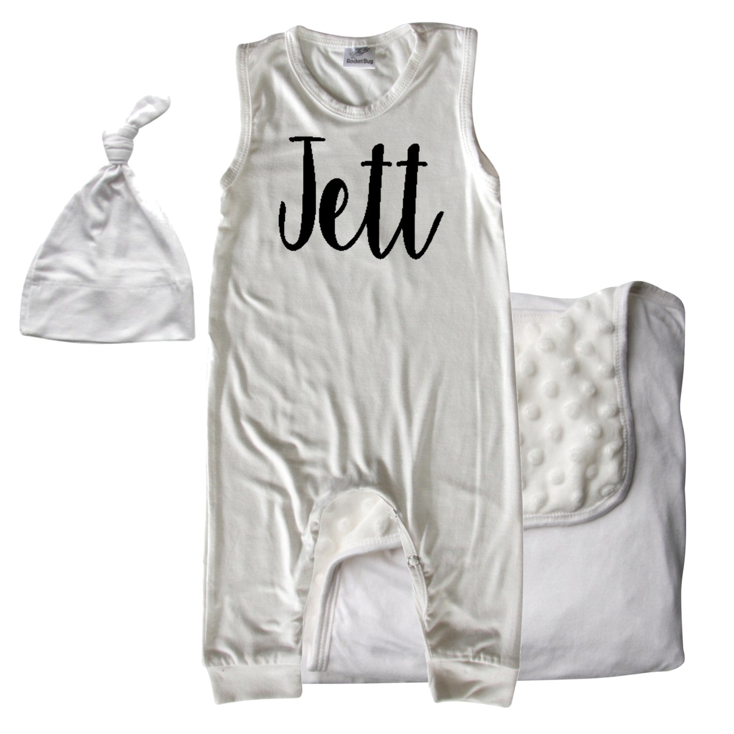 Rocket Bug GIFT SET- Lush Personalized Sleeveless Romper, Matching Blanket, and Hat or Headband for Boys and Girls-Gender Neutral