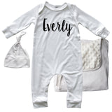 Rocket Bug 'Lush' PERSONALIZED GIFT SET- Silky Long Sleeve Baby Romper, Matching Blanket, and Hat or Headband