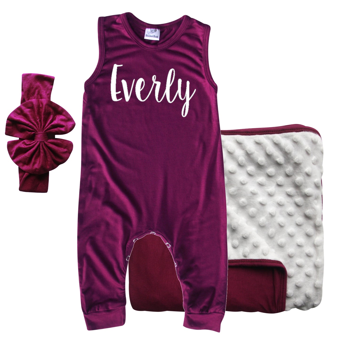 Rocket Bug GIFT SET- Lush Personalized Sleeveless Romper, Matching Blanket, and Hat or Headband for Boys and Girls-Gender Neutral