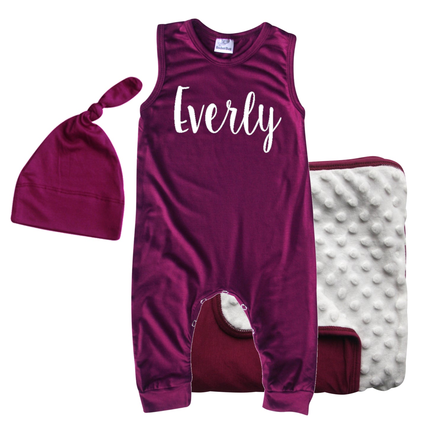 Rocket Bug GIFT SET- Lush Personalized Sleeveless Romper, Matching Blanket, and Hat or Headband for Boys and Girls-Gender Neutral