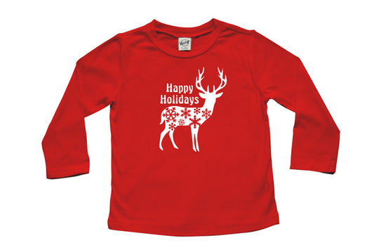Happy Holiday Deer Long Sleeve T-shirt - Christmas Red