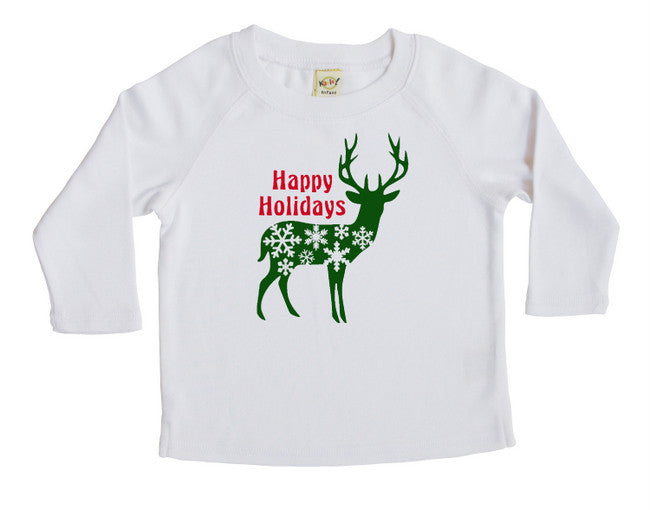 Happy Holiday Deer Long Sleeve T-shirt - Christmas White