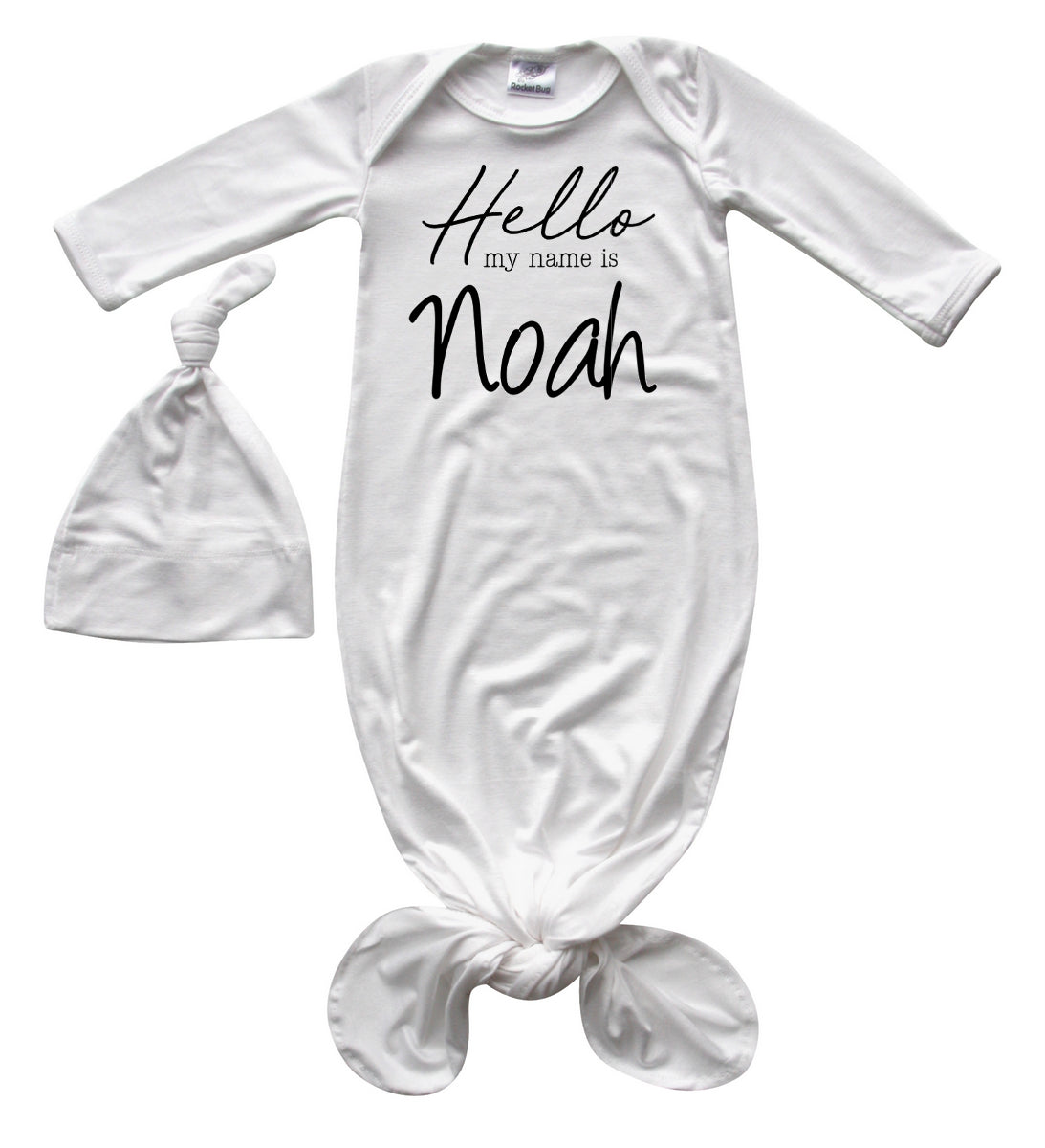 Hello Name Personalized Silky Knotted Baby Gown Silky Off White (black graphic)