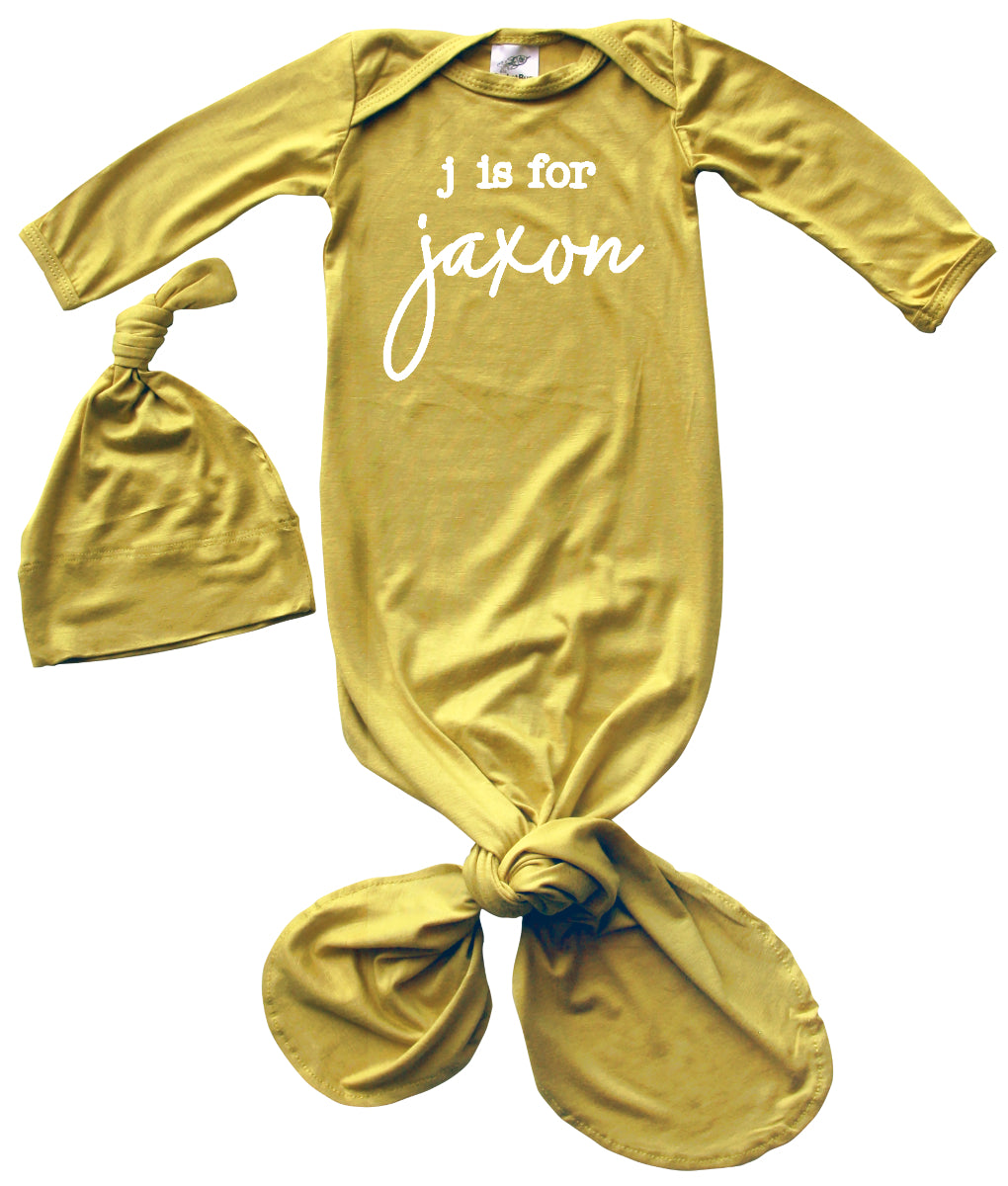 Initial Personalized Silky Knotted Baby Gown with Match Knotted Hat for Boys & Girls