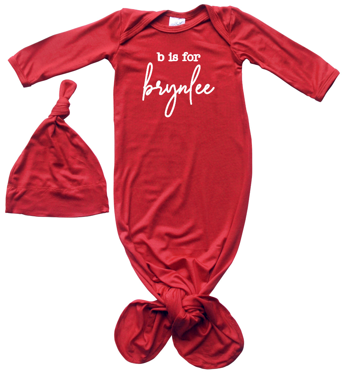 Initial Personalized Silky Knotted Baby Gown with Match Knotted Hat for Boys & Girls