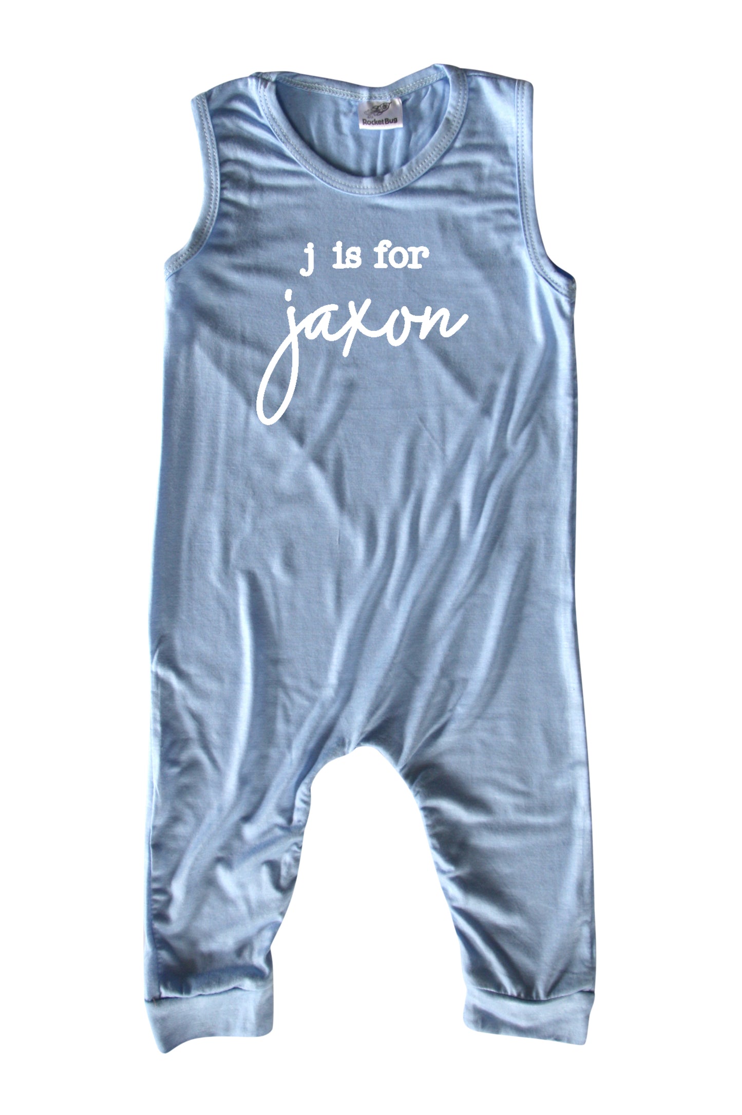 Initial Personalized Custom Silky Sleeveless Baby Romper for Boys and Girls Light Blue