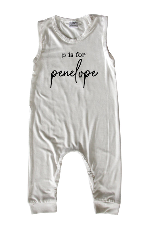 Initial Personalized Custom Silky Sleeveless Baby Romper for Boys and Girls Off White