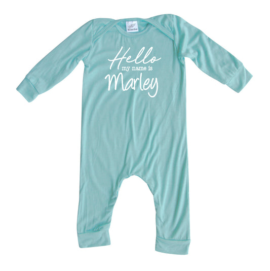 Hello Personalized Custom Silky Long Sleeve Baby Romper for Boys and Girls 0-3 Months (3M) Silky Seafoam