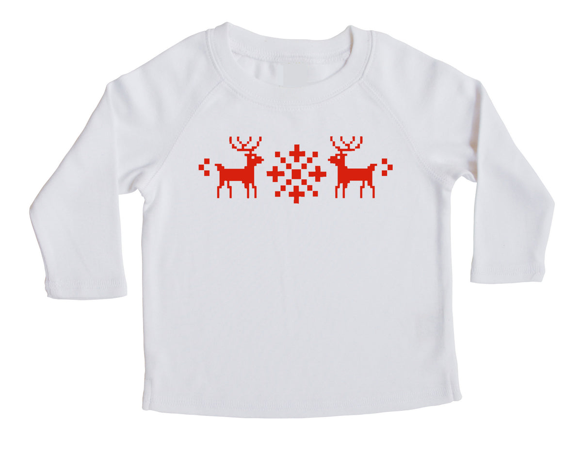 Holiday Christmas Nordic Reindeer- Baby, Toddler, and Big Kids Long Sleeve T-Shirt White