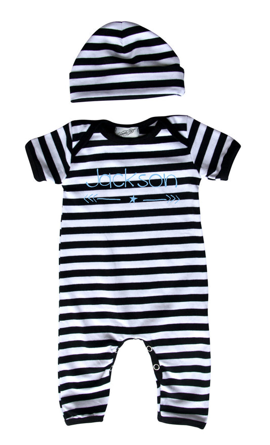 Personalized Baby Romper for Boys with Star & Arrow (Matching Hat Included) Black and White Stripes