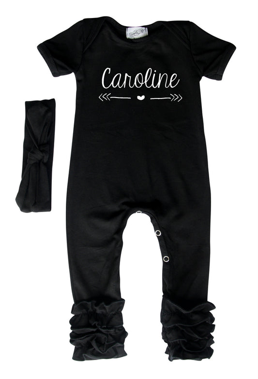 Personalized Baby Ruffle Romper with Heart & Arrow for Girls (Matching Headband Included) Black
