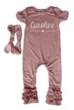 Personalized Baby Ruffle Romper with Heart & Arrow for Girls (Matching Headband Included)