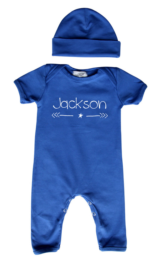Personalized Baby Romper for Boys with Star & Arrow (Matching Hat Included) Royal Blue
