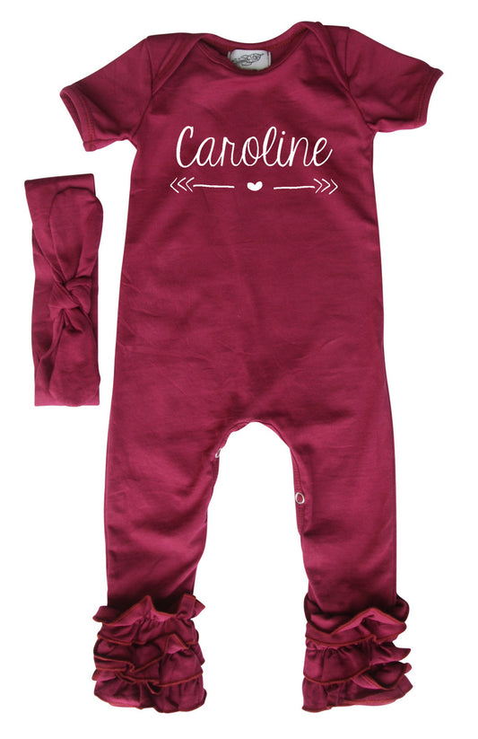 Personalized Baby Ruffle Romper with Heart & Arrow for Girls (Matching Headband Included) Wine