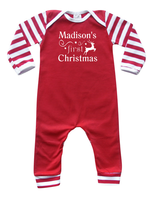 Personalized First Christmas Silky Long Sleeve Baby Romper for Boys and Girls Red with Red and White Stripes