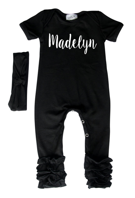 'Lush' Personalized Custom Short Sleeve Baby Romper for Boys and Girls with Hat or Headband Silky Black