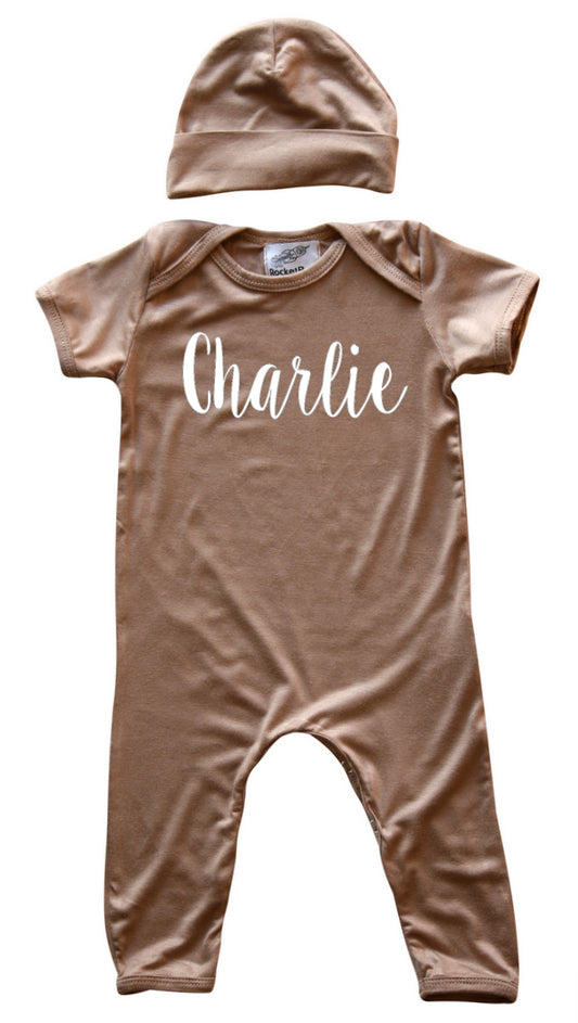 'Lush' Personalized Custom Short Sleeve Baby Romper for Boys and Girls with Hat or Headband Silky Light Brown