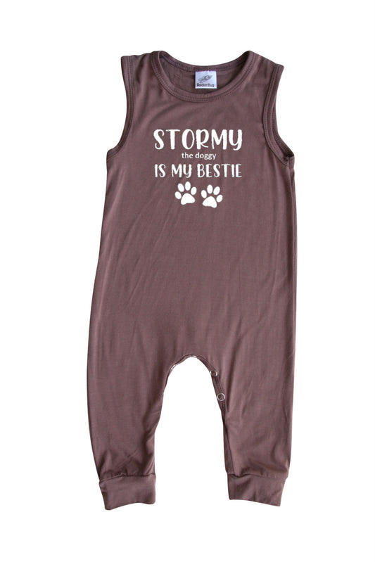 Bestie (Dog Friend) Personalized Custom Silky Sleeveless Baby Romper for Boys and Girls Silky Dark Mauve
