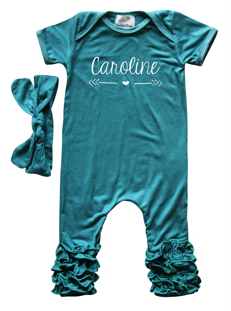 Personalized Baby Ruffle Romper with Heart & Arrow for Girls (Matching Headband Included)