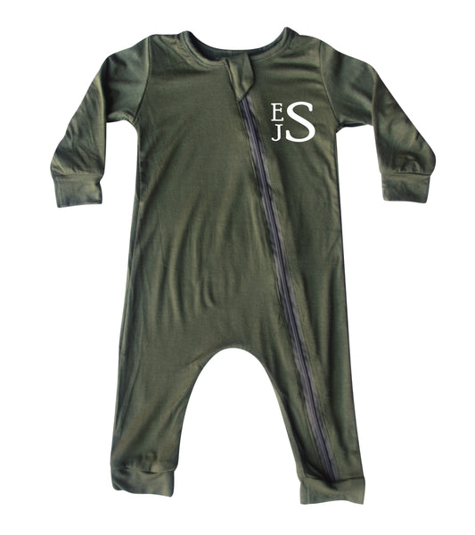 Personalized Initial Silky Long Sleeve Zipper Baby Romper Silky Army Green