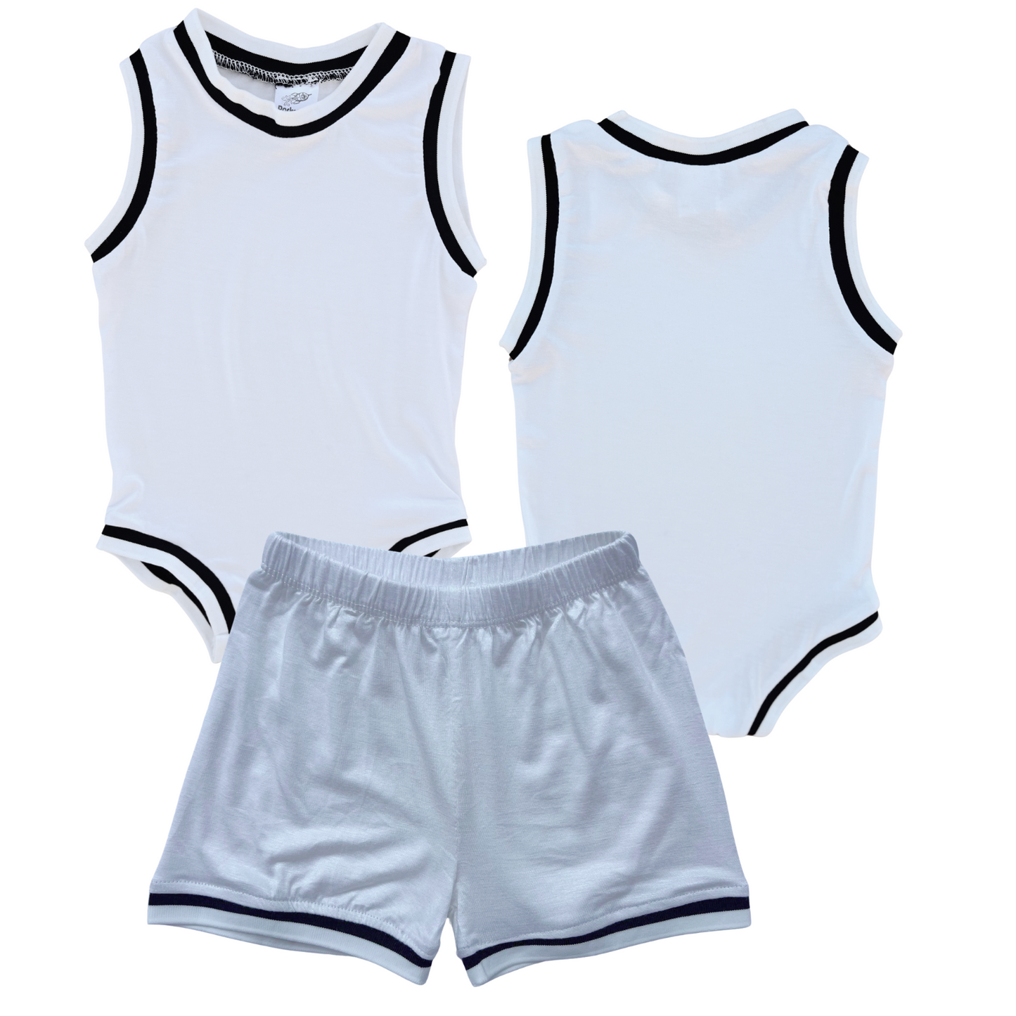 Blank Basketball Jersey Baby Bodysuit & Matching Shorts White (Black Graphic) No Sweatband Set