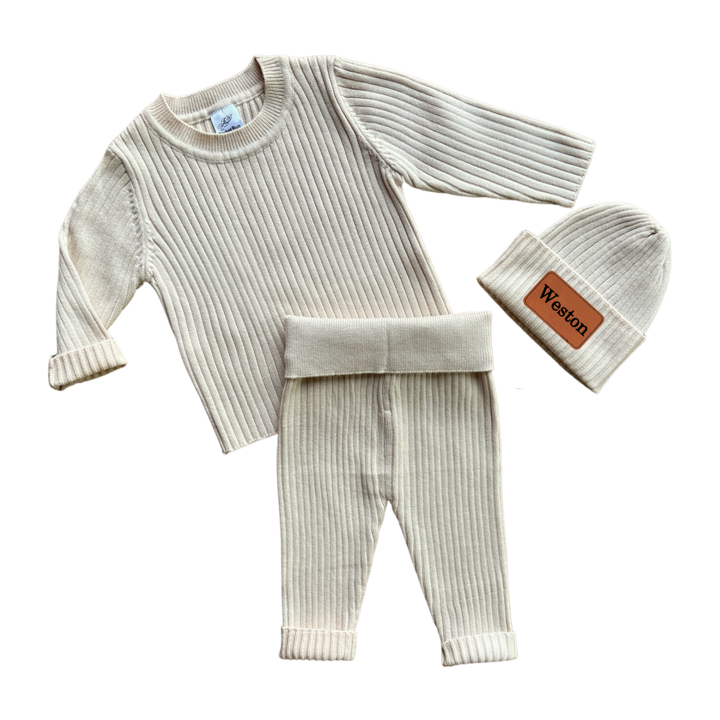 Soft Knit Baby Set with Personalized Vegan Leather Patch